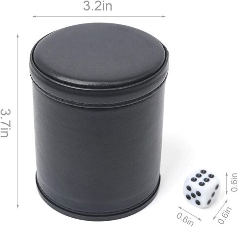 Dice Cup with Lid, PU Leather and Felt-Lined, Quiet Shaker for Yahtzee Farkle Dice Board Games, Set of Six 16mm Dice Included (Black-Lid) in Saudi Arabia
