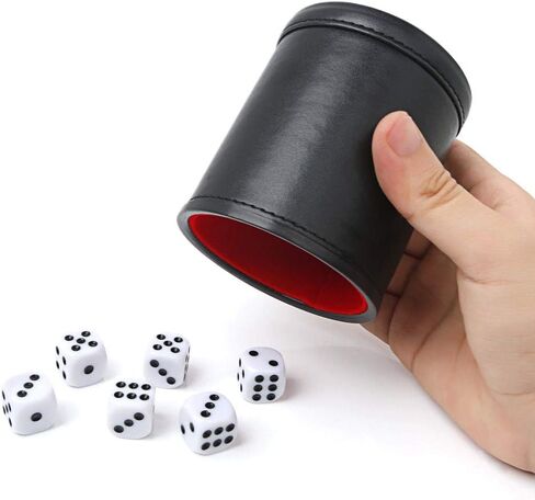 Dice Cup with Lid, PU Leather and Felt-Lined, Quiet Shaker for Yahtzee Farkle Dice Board Games, Set of Six 16mm Dice Included (Black-Lid) in Saudi Arabia