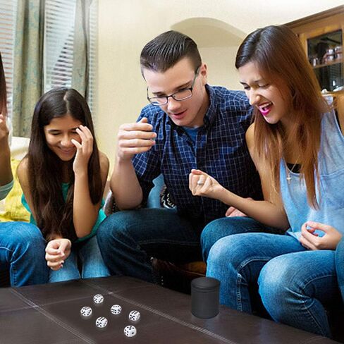 Dice Cup with Lid, PU Leather and Felt-Lined, Quiet Shaker for Yahtzee Farkle Dice Board Games, Set of Six 16mm Dice Included (Black-Lid) in Saudi Arabia
