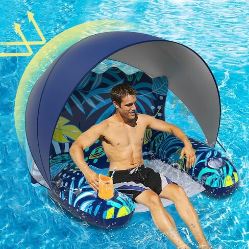 Inflatable Pool Floats Adult with Canopy, XL Pool Chair Lounge Float Raft Heavy Duty with Sun Shade, Cup Holders, Water Pool Floaties for Women, Swimming Pool Toys Floats for Lake, Beach in Saudi Arabia