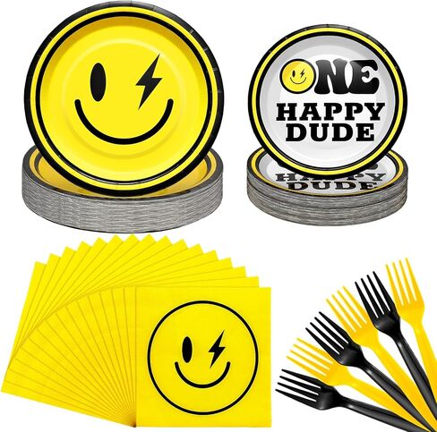 Norme 172 Pcs One Happy Dude Plates and Napkins Birthday Decorations Smile Face Party Tableware Supplies Disposable Paper Plates Napkin Forks for 1st Birthday Party Baby Shower, Serve 24 Guests in Saudi Arabia