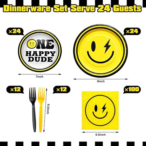 Norme 172 Pcs One Happy Dude Plates and Napkins Birthday Decorations Smile Face Party Tableware Supplies Disposable Paper Plates Napkin Forks for 1st Birthday Party Baby Shower, Serve 24 Guests in Saudi Arabia