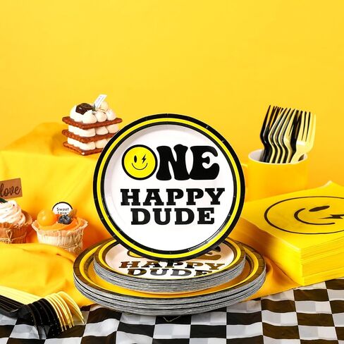Norme 172 Pcs One Happy Dude Plates and Napkins Birthday Decorations Smile Face Party Tableware Supplies Disposable Paper Plates Napkin Forks for 1st Birthday Party Baby Shower, Serve 24 Guests in Saudi Arabia