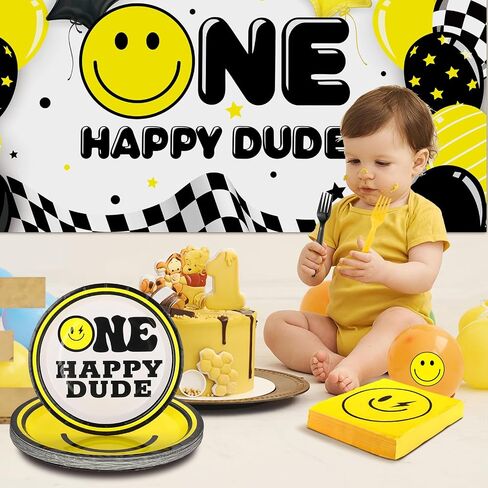 Norme 172 Pcs One Happy Dude Plates and Napkins Birthday Decorations Smile Face Party Tableware Supplies Disposable Paper Plates Napkin Forks for 1st Birthday Party Baby Shower, Serve 24 Guests in Saudi Arabia