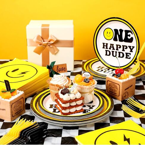 Norme 172 Pcs One Happy Dude Plates and Napkins Birthday Decorations Smile Face Party Tableware Supplies Disposable Paper Plates Napkin Forks for 1st Birthday Party Baby Shower, Serve 24 Guests in Saudi Arabia