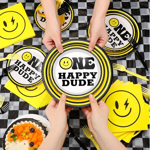 Norme 172 Pcs One Happy Dude Plates and Napkins Birthday Decorations Smile Face Party Tableware Supplies Disposable Paper Plates Napkin Forks for 1st Birthday Party Baby Shower, Serve 24 Guests in Saudi Arabia