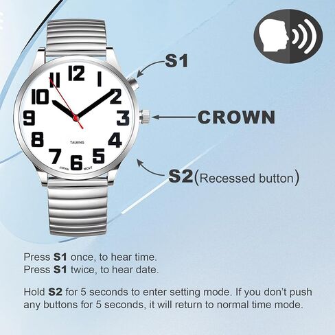 Atomic American English Talking Watch Speaks Clear and Loud Time, Date and Alarm time Stretch Band is Best Gift for Senior,Visually impaired, or Blind People in Kuwait