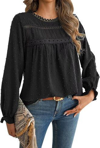 Womens Tops Long Ruffle Sleeve Shirts For Women Cute Crewneck Blouse Dressy Casual Swiss Dot Crochet Hollow Top 2024 in Kuwait