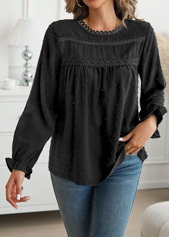 Womens Tops Long Ruffle Sleeve Shirts For Women Cute Crewneck Blouse Dressy Casual Swiss Dot Crochet Hollow Top 2024 in Kuwait