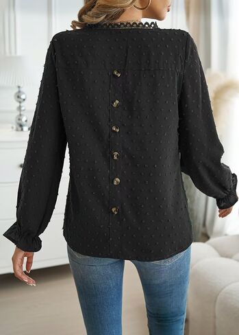 Womens Tops Long Ruffle Sleeve Shirts For Women Cute Crewneck Blouse Dressy Casual Swiss Dot Crochet Hollow Top 2024 in Kuwait