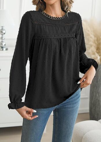 Womens Tops Long Ruffle Sleeve Shirts For Women Cute Crewneck Blouse Dressy Casual Swiss Dot Crochet Hollow Top 2024 in Kuwait