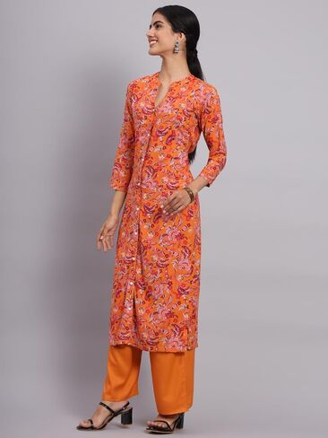 كورتا للسيدات من Tissu رايون برتقالي مطبوع بالورود مع Palazzo in Kuwait