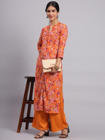 كورتا للسيدات من Tissu رايون برتقالي مطبوع بالورود مع Palazzo in Kuwait