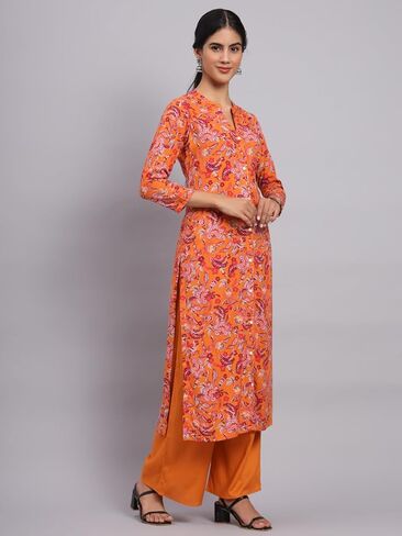 كورتا للسيدات من Tissu رايون برتقالي مطبوع بالورود مع Palazzo in Kuwait