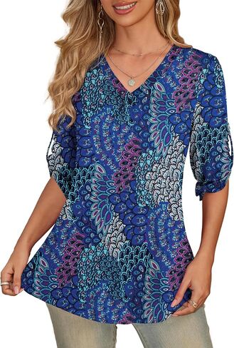 OmicGot Womens Plus Size 3/4 Roll Sleeve Blouses V Neck Button Casual Tunic Tops M-4XL in Kuwait