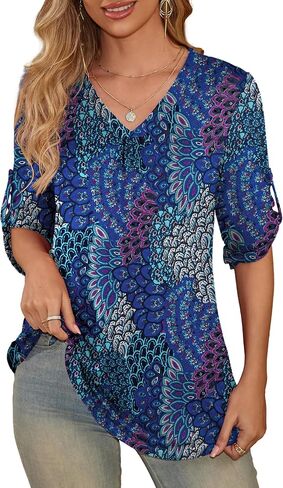 OmicGot Womens Plus Size 3/4 Roll Sleeve Blouses V Neck Button Casual Tunic Tops M-4XL in Kuwait