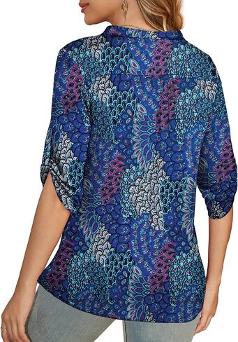 OmicGot Womens Plus Size 3/4 Roll Sleeve Blouses V Neck Button Casual Tunic Tops M-4XL in Kuwait