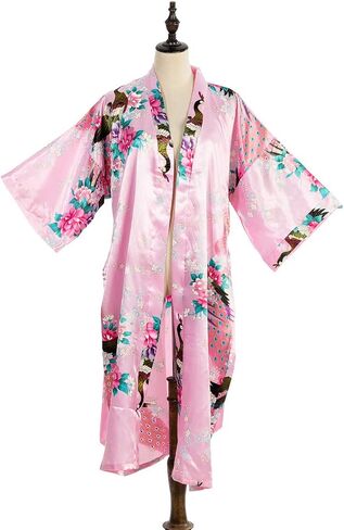 Asian Home Flower Peacock Satin Silk Kimono Robe, Dressing Gown, Bridal, Gift, One Size Fits Most in Kuwait