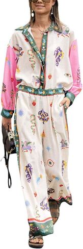 LILTWIST Summer Graffiti Pants Sets for Women Boho Printed 2 Piece Wide Leg Pajama Set Button down Shirts Matching Beach Set in Saudi Arabia