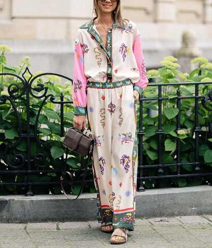 LILTWIST Summer Graffiti Pants Sets for Women Boho Printed 2 Piece Wide Leg Pajama Set Button down Shirts Matching Beach Set in Saudi Arabia