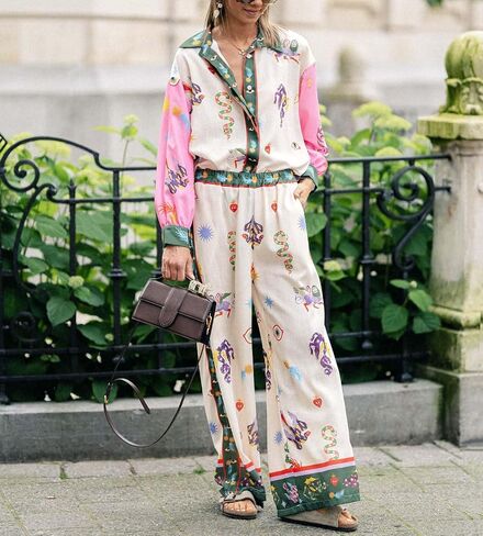 LILTWIST Summer Graffiti Pants Sets for Women Boho Printed 2 Piece Wide Leg Pajama Set Button down Shirts Matching Beach Set in Saudi Arabia