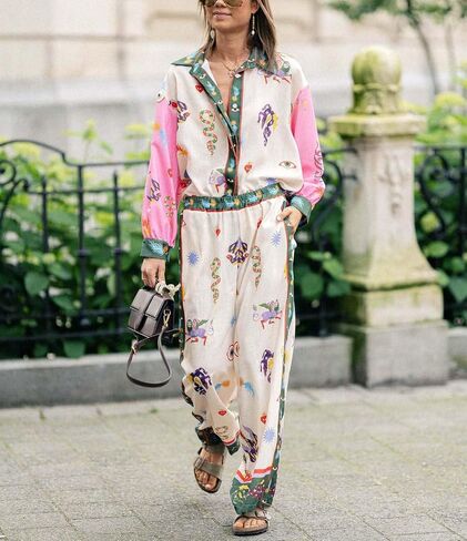 LILTWIST Summer Graffiti Pants Sets for Women Boho Printed 2 Piece Wide Leg Pajama Set Button down Shirts Matching Beach Set in Saudi Arabia