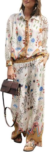 LILTWIST Summer Graffiti Pants Sets for Women Boho Printed 2 Piece Wide Leg Pajama Set Button down Shirts Matching Beach Set in Saudi Arabia