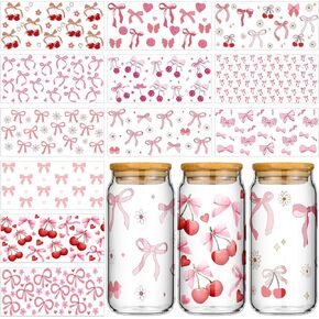 Glenmal 12 Sheets Coquette UV DTF Cup Wrap Stickers Pink Bow UV DTF Cup Wraps Transfer Stickers for DIY Craft Decorations for 16 oz Glass Water Bottle