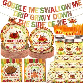 217Pcs Gobble Me Swallow Me Thanksgiving Decorations Friendsiving Plates and Napkins Sets Friendsgiving Party Decorations Friendsgiving Party Supplies for Thanksgiving Party Supplies