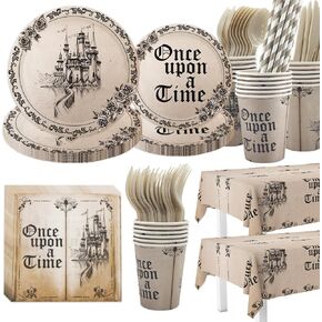 Fairytale Party Decorations Once Upon a Time Birthday Party Supplies Dinnerware Tableware Set Castle Opening Book Party Supplies for Birthday Baby Shower Party Decorations Serve 24