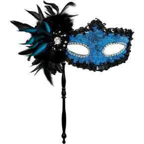 2024 New Feather Masquerade Mask with Stick for Women,Feather Black Masquerade Mask for Masquerade Party, Mardi Gras,Cosplay Party Masque（Blue）