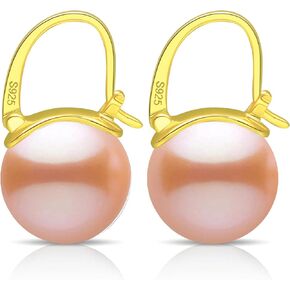 Pearl Earrings for Women Trendy, 12mm 925 Sterling Silver Pearl Drop Earrings Fashion, 18k Gold Plated Hypoallergenic Large White Shell Pearl Hoop Earring Dangle Jewelry for Wedding Gift