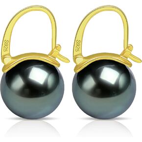 Pearl Earrings for Women Trendy, 12mm 925 Sterling Silver Pearl Drop Earrings Fashion, 18k Gold Plated Hypoallergenic Large White Shell Pearl Hoop Earring Dangle Jewelry for Wedding Gift