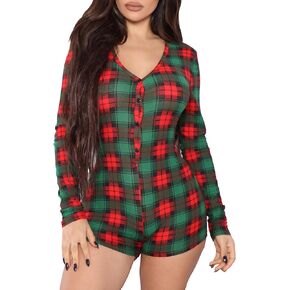 RUEWEY Women Christmas Pajamas Romper Bodycon Jumpsuit Long Sleeve V Neck Xmas One Piece Pjs Bodysuit Loungewear Sleepwear