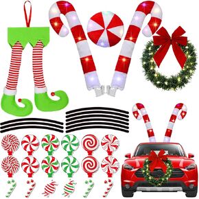 32 Pcs Christmas Candy Cane Car Kit, Include Santa Claus Legs Nose Christmas Wreath with LED Light Bow Car Garage Magnetic Decals Christmas Candy Car Accessories for Truck Vehicle Decorations