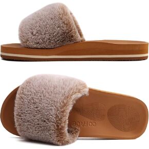 COFACE Womens Slides Fuzzy Slippers Open Toe Fluffy Slippers With Arch Support Plantar Fasciitis Orthotic Slippers Women House Shoes
