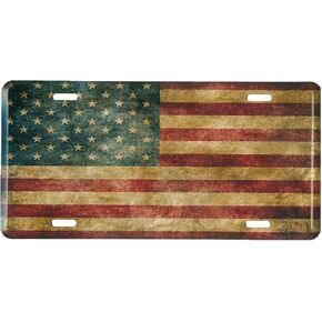 Distressed American Flag Metal Front License Plate, Vintage USA Auto Tag for Car, Truck, RV, Trailer, 6 x 12 inches