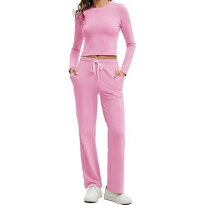 Women's Cotton 2 Piece Outfits Lounge Sets Long Sleeve T-Shirts Crop Tops Straight Leg Pants Sweatsuit Tracksuit Sets in Saudi Arabia