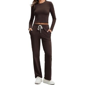 Women's Cotton 2 Piece Outfits Lounge Sets Long Sleeve T-Shirts Crop Tops Straight Leg Pants Sweatsuit Tracksuit Sets