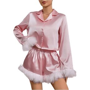 Verdusa Women's 2 Piece Satin Fuzzy Pajama Sets Button Up Long Sleeve Shirt with Shorts
