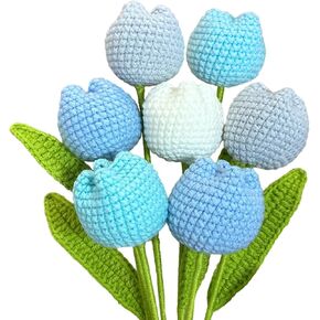 Emivery Crochet Flower Bouquet, 7PCS Blue Crochet Tulip Flowers Handmade Knitted Bouquet Hand Woven Flowers Home Decor Women Gifts
