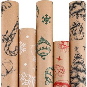 KIMOBER 5 Rolls Christmas Wrapping Paper,Brown Kraft Paper with Retro Xmas Elements and Cut Lines on Reverse(17in × 118in Per Roll,Retro Style)