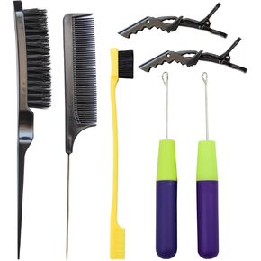 Crochet Hook for Hair Tool Set with 2 Pcs Crochet Needle, 1 Pc Edge Brush, 1 Pc Pointed Comb, 1 Pc Teasing Brush and 2 Pcs Alligator Hair Clips for Hair Braid Extensions
