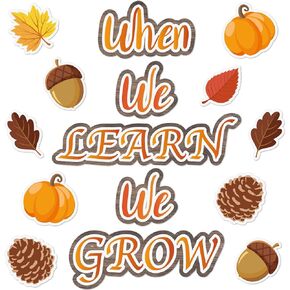 58 Pcs Thanksgiving Cut Outs Fall Classroom Bulletin Board Decorations Maple Leaves Pumpkin Acorns Thanksgiving Harvest Cutouts with 100 Glue Points When We Learn We Grow for Autumn School Wall Decor