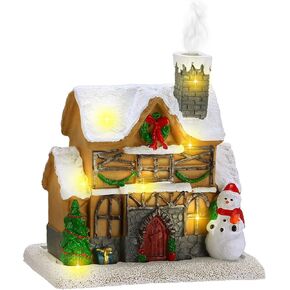 Christmas Incense Burner Village House with Light String Resin Backflow Incense Holder Gift Cabin Winter Snowy Town with Xmas Tree Snowman for Holiday Fireplace Tabletop Decoration(Simple)