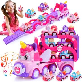 Toys for 1 2 3 Year Old Girls,7-in-1 Double Carrier Truck Unicorn Toys for Girls,Friction Power Toy Cars with Light & Sound,Princess Toys Christmas Birthday Gifts for Baby Toddler
