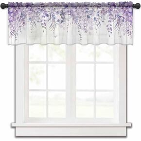 Purple Eucalyptus Leaves Sheer Valance, 60"x18" Light Filtering Kitchen Curtain Valances, Spring Floral Summer Botanical Chiffon Rod Pocket Living Room/Bedroom/Cafe Curtains
