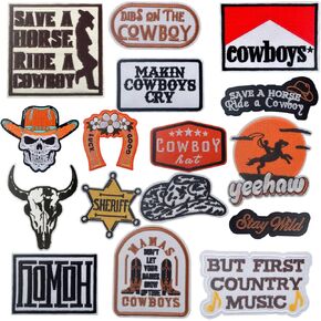 16pcs Western Iron On Patches West Cowboy Theme Embroidered Sewing Repair Appliques Vintage Lucky Horseshoe Hat Crafts Accessories for DIY Clothing T-Shirts Jackets Jeans Backpacks