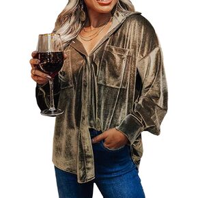 Kedera Womens Velvet Long Sleeve Button Down Shirt Jacket Retro Blouse Lapel Tunic Tops