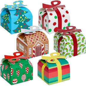 JOYIN 24 PCS 3D Christmas Goody Gift Boxes with Bow for Holiday Xmas Goodie Paper Boxes, School Classroom Party Supplies, Candy Treat Cardboard Cookie Boxes (3.75" x 3.75" x 3.1")
